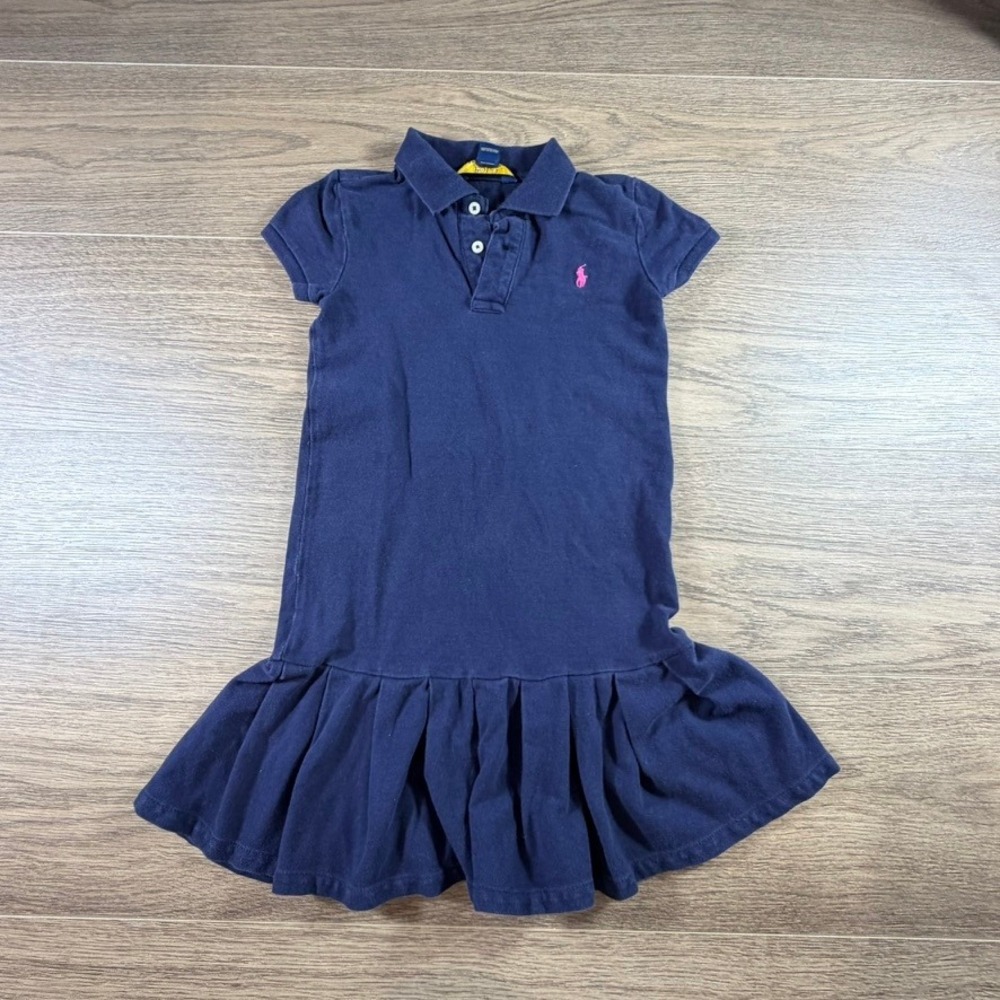 Polo Ralph Lauren Girls Navy Blue Pique Polo Dress Pink Pony Size 6X Preppy